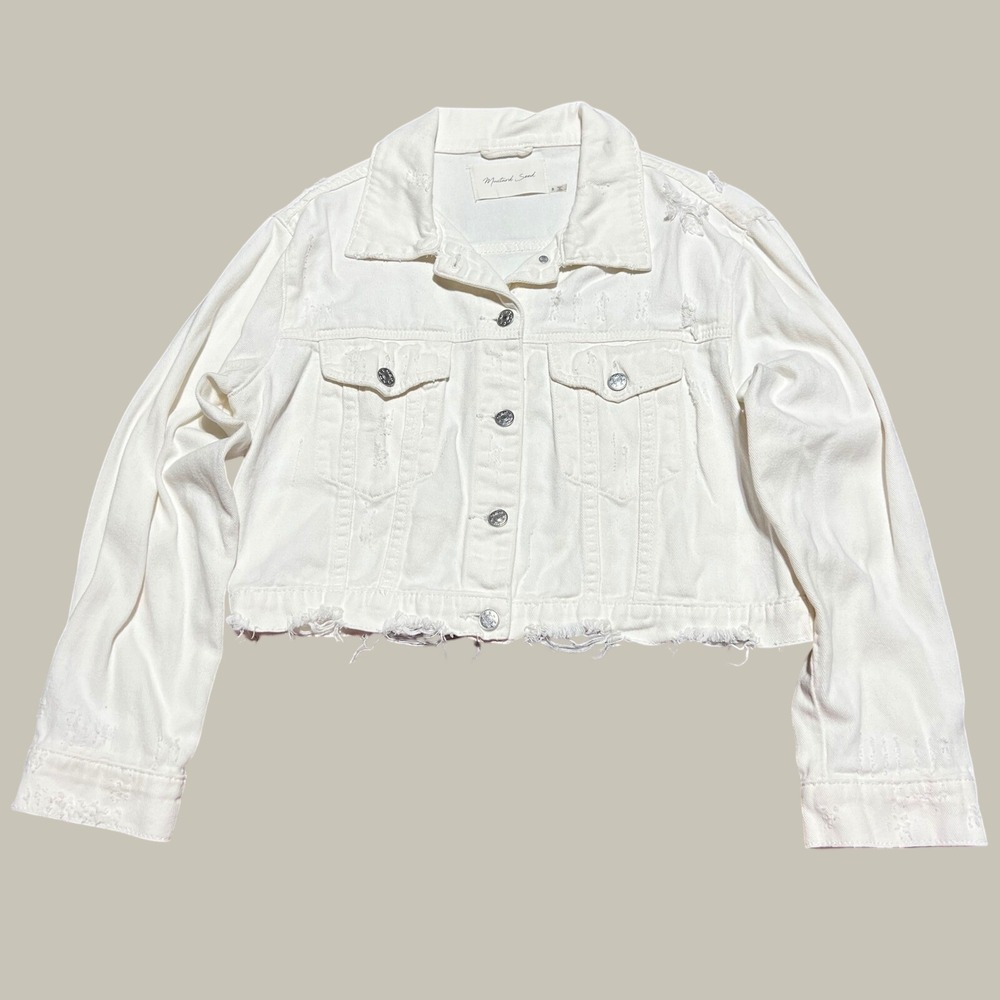 Mustard Seed Womens White Distressed Crop Denim Jacket Frayed Hem Small RN122376